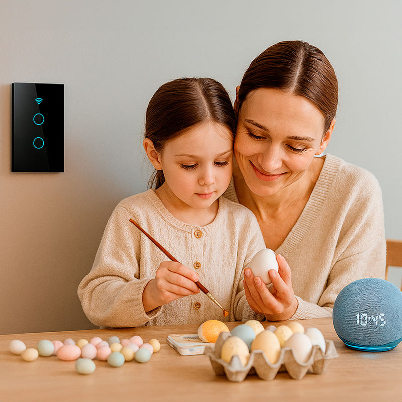 Interruptor de Pared WiFi  2 Tomas - Sin Neutro - Incluye Capacitor - Alexa y Google