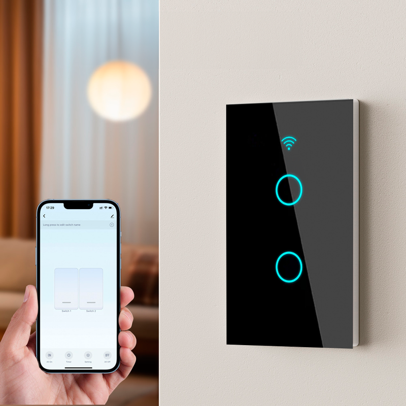 Interruptor de Pared WiFi  2 Tomas - Sin Neutro - Incluye Capacitor - Alexa y Google