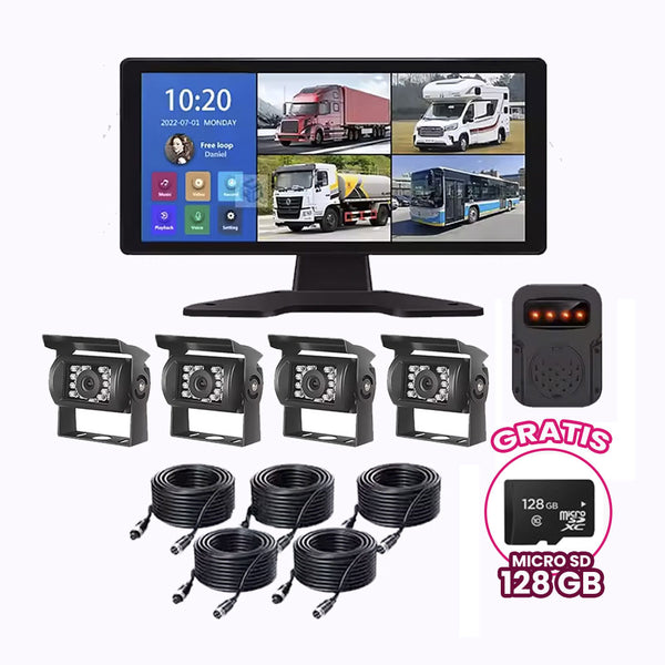 Kit 4 Camaras + Sirena para Camiones y Buses Incluye Monitor Tactil de 10,1 pulgadas + 128GB