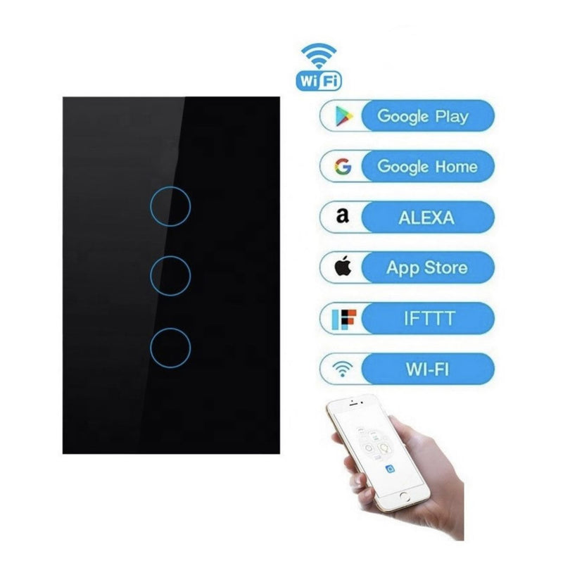 Interruptor de Pared WiFi  3 Tomas - Sin Neutro - Incluye Capacitor - Alexa y Google