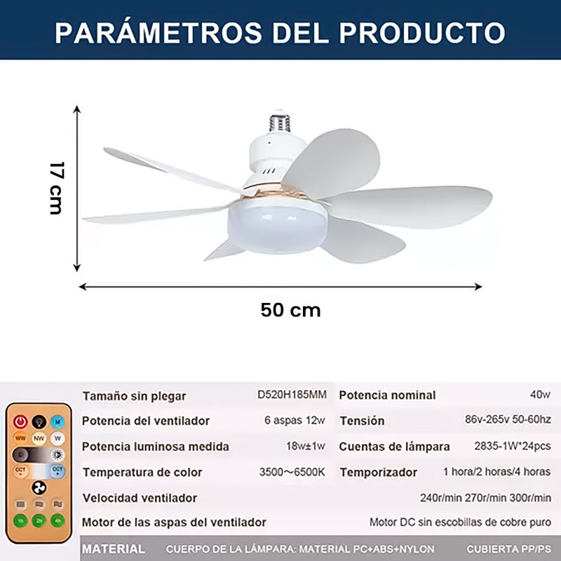 Foco LED Ventilador de Techo Control Remoto Luz Cálida Fría 40W 3 velocidades
