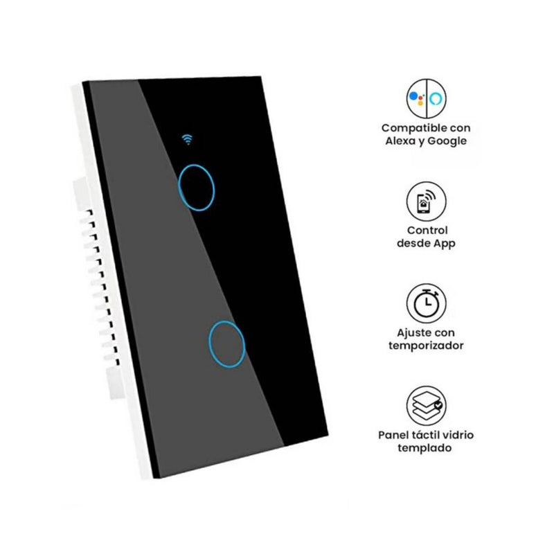 Interruptor de Pared WiFi  2 Tomas - Sin Neutro - Incluye Capacitor - Alexa y Google