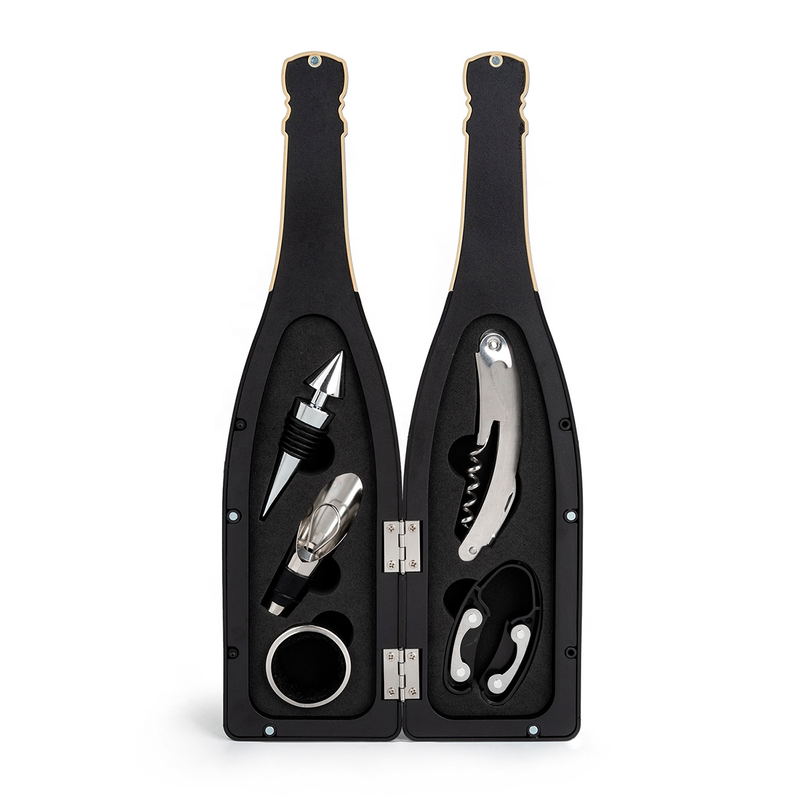 Set para botellas de vino -  Sacacorcho, vertedor, tapón, anillo antigoteo y cortador de papel aluminio.