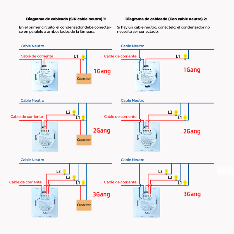 Interruptor de Pared WiFi  2 Tomas - Sin Neutro - Incluye Capacitor - Alexa y Google