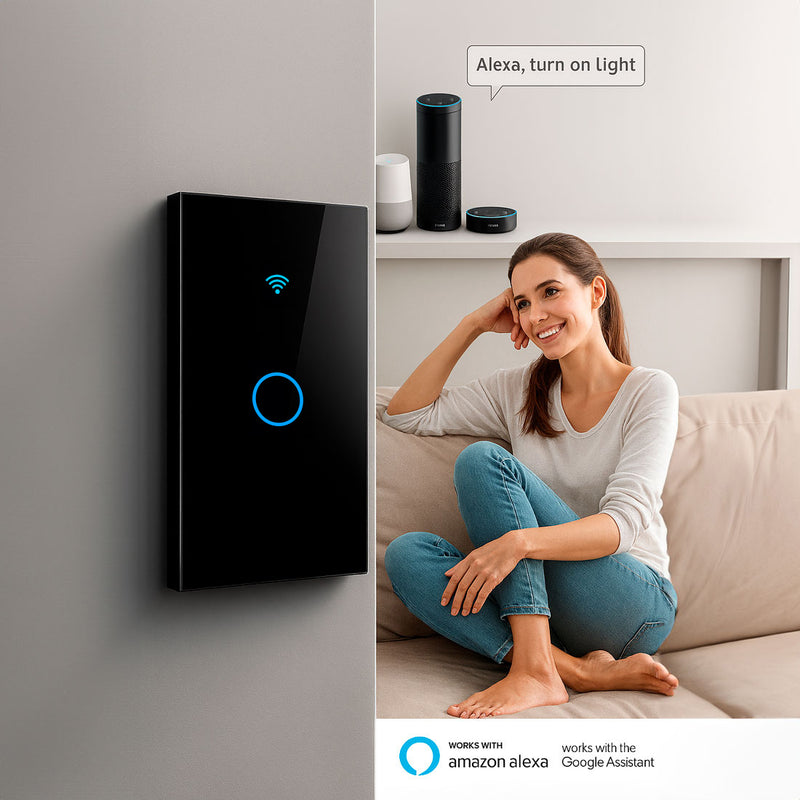 Interruptor de Pared WiFi  1 Toma - Sin Neutro - Incluye Capacitor - Alexa y Google