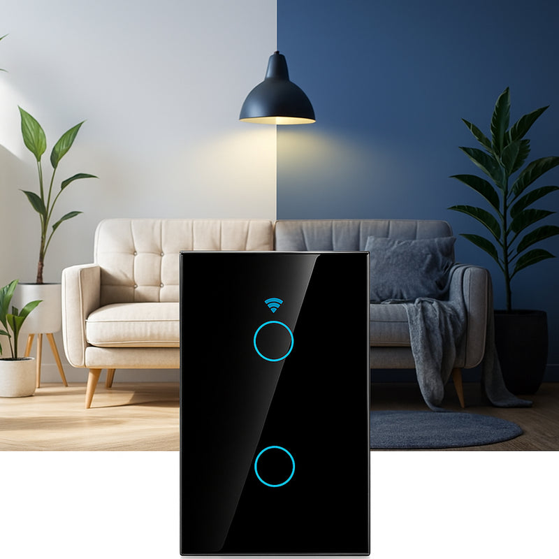 Interruptor de Pared WiFi  2 Tomas - Sin Neutro - Incluye Capacitor - Alexa y Google