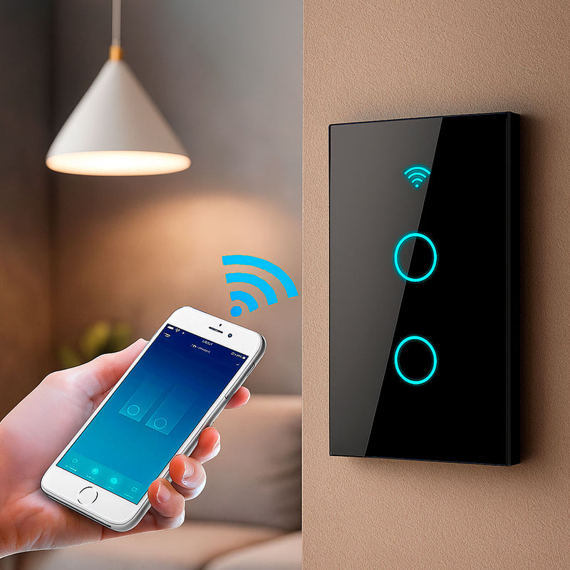 Interruptor de Pared WiFi  2 Tomas - Sin Neutro - Incluye Capacitor - Alexa y Google