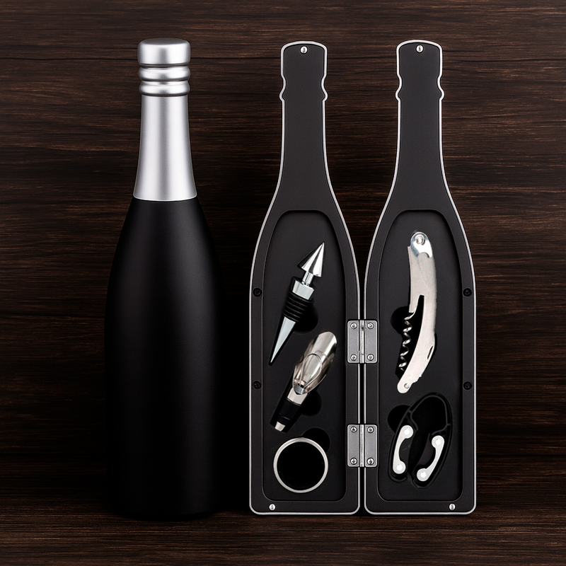 Set para botellas de vino -  Sacacorcho, vertedor, tapón, anillo antigoteo y cortador de papel aluminio.