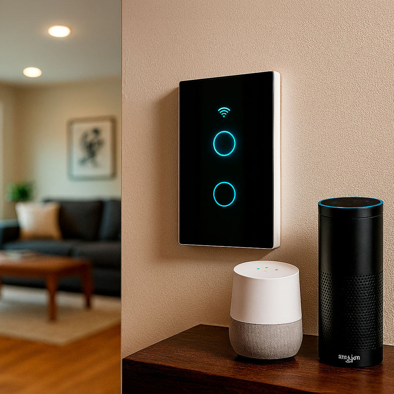 Interruptor de Pared WiFi  2 Tomas - Sin Neutro - Incluye Capacitor - Alexa y Google