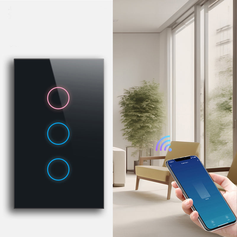 Interruptor de Pared WiFi  3 Tomas - Sin Neutro - Incluye Capacitor - Alexa y Google