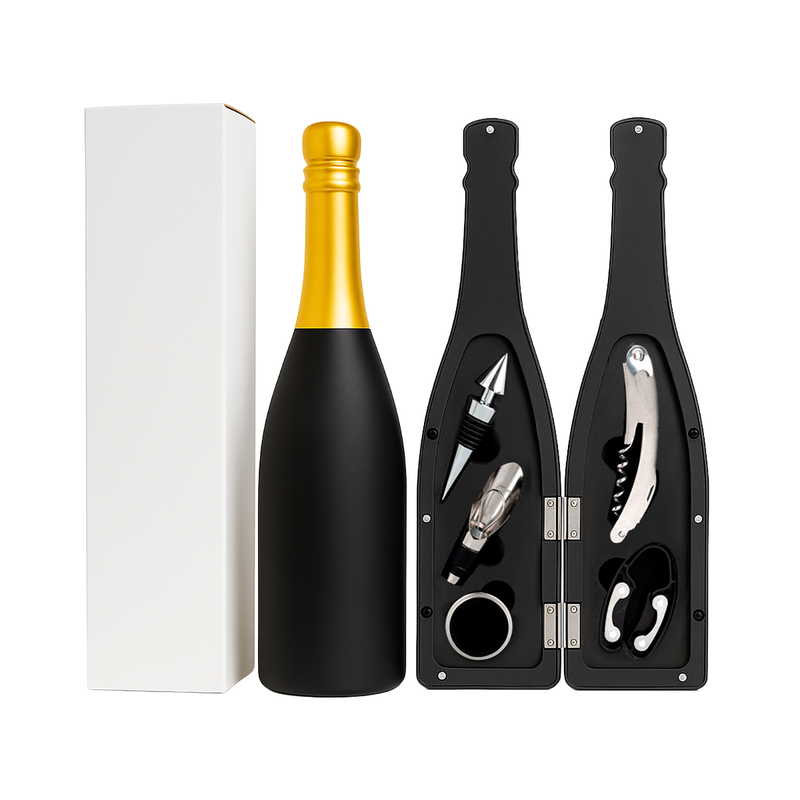 Set para botellas de vino -  Sacacorcho, vertedor, tapón, anillo antigoteo y cortador de papel aluminio.