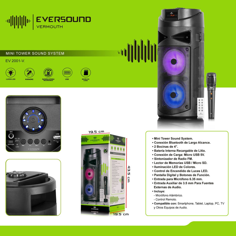 Parlante Bluetooth Eversound EV2001-V Con 2 Bocinas de 4” Karaoke Incluye Microfono