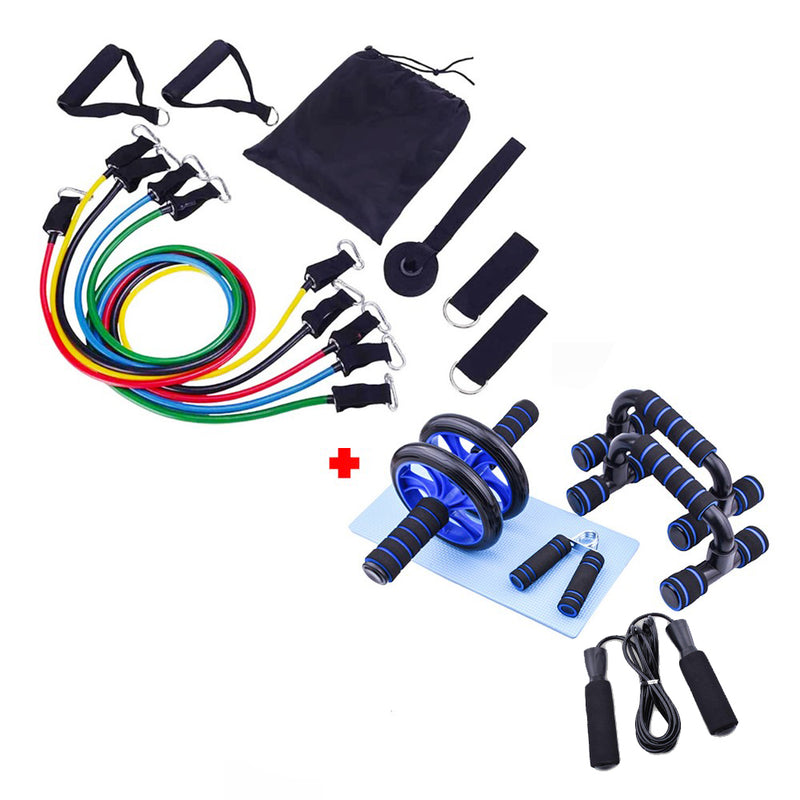 Bandas de Resistencia + Set deportivo (Incluye: soga, rueda abdominal, mancuernas para planchas, ejercitador de manos)